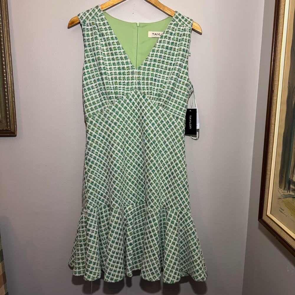 NWT Taylor Green Tweed Plaid Fit & Flare Dress V-Neck Sleeveless Preppy Mod 12